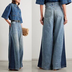 Nili Lotan Ebony Jeans Two Toned Paneled High Rise‎ Wide Leg Blue Denim Size 25